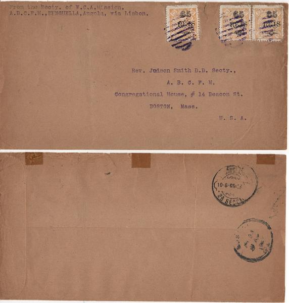 309.jpg -     Lote:    309            Angola       Descrição:         1902 &mdash; D. Carlos I, com sobretaxa. MF62, 65 s/ 5 reis, amarelo, tipo I, papel porcelana, denteado 11 Ÿ x 12. Três selos em sobrescrito circulado de Benguela para Boston / EUA (24.08.05) com trânsito por Lisboa (10.08.1905), para pagar o triplo porte (195 reis) de carta com peso entre 30 e 45 gramas de Angola para os EUA. Exemplar sem reparações, com pequenos defeitos nos selos, transportada pelo vapor "Benguela II" até Lisboa. Selos obliterados com carimbo mudo oval de 9 barras, batido a violeta em uso na estação postal de Benguela. B e MR. Certificado de peritagem de J. Miranda da Mota.         Carta       Valor Base:     &euro; 150,00     Valor Venda:     &euro;      
