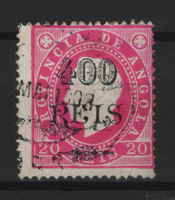 310.jpg -     Lote:    310            Angola       Descrição:         1902 &mdash; D. Luís I. Fita direita, com sobretaxa. MF60b, 20 reis rosa, denteado 13 &frac12;, papel porcelana, tipo I. Exemplar descentrado, com boa cor, sem reparações e ligeiros defeitos na porcelana. MR. Valor de catálogo &euro; 300,00.         O       Valor Base:     &euro; 50,00     Valor Venda:     &euro;      