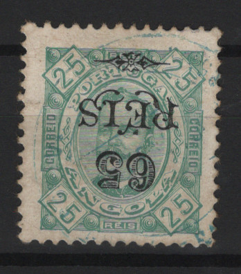 311.jpg -     Lote:    311            Angola       Descrição:         1902 &mdash; D. Carlos I. MF65, 65 s/ 25 reis, verde, denteado 11 Ÿ x 12, papel porcelana. Exemplar com boa cor, sem reparações nem defeitos assinaláveis, com a sobretaxa INVERTIDA. Não catalogada. MB e MR.         O       Valor Base:     &euro; 40,00     Valor Venda:     &euro;      