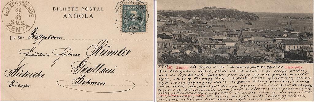 317.jpg -     Lote:    317            Angola       Descrição:         1902 &mdash; D. Carlos I Mouchon, com sobrecarga PROVISORIO. MF76, 25 reis verde-azul, papel liso, denteado 11 Ÿ em postal ilustrado entregue na estação postal de Luanda para obliteração dos selos e transportado em mão para bordo do paquete austro-húngaro ZENTA da Kuk Kriegsmarine onde foi lançado na caixa de correio a bordo com destino à Alemanha. Carimbo do paquete batido a verde-oliva. Exemplar muito raro, bem conservado, sem defeitos nem reparações.         Carta       Valor Base:     &euro; 100,00     Valor Venda:     &euro;      