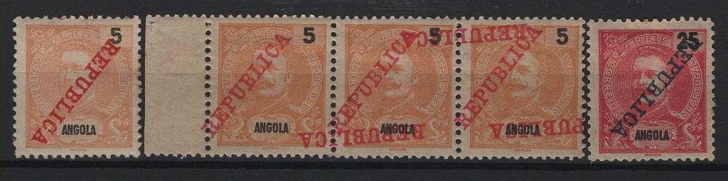 319.jpg -     Lote:    319            Angola       Descrição:         1911 &mdash; D. Carlos I Mouchon, com sobrecarga REPUBLICA da Casa da Moeda. MF89 e 93. Lote composto por: selo de 5 reis amarelo com a sobrecarga INVERTIDA + tira horizontal de 3 selos com DUPLA sobrecarga, uma oblíqua e outra horizontal, ambas deslocadas e selo de 25 reis carmim som a sobrecarga INVERTIDA.          **       Valor Base:     &euro; 25,00     Valor Venda:     &euro;      