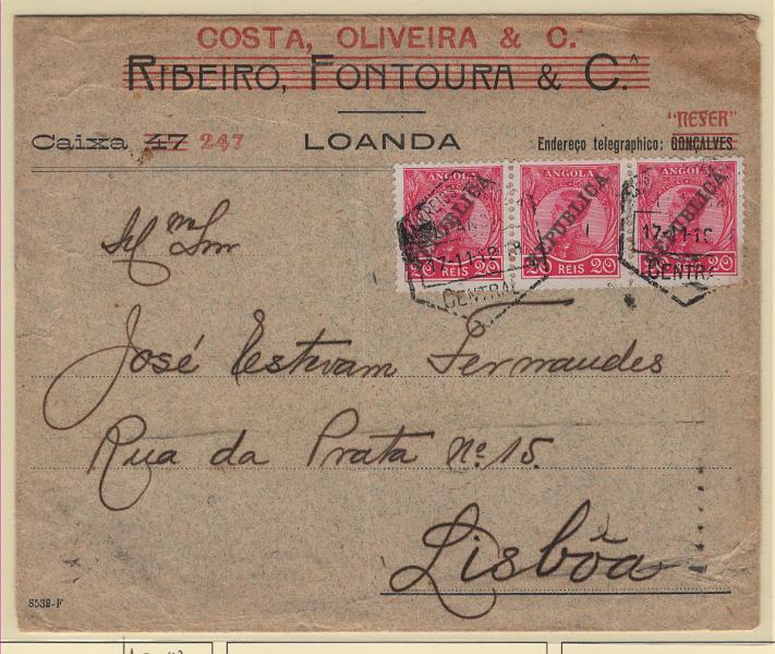 321.jpg -     Lote:    321            Angola       Descrição:         1912 &mdash; D. Manuel II, com sobrecarga REPUBLICA da Casa da Moeda. MF106, 20 reis carmim. Tira de 3 selos em sobrescrito circulado de Luanda (17.11.19) para Lisboa (08.12.19). Porte de 60 reis equivalentes a 6C para pagar o porte simples para cartas remetidas de Angola para Portugal. Exemplar bem conservado, sem defeitos ou reparações.         Carta       Valor Base:     &euro; 40,00     Valor Venda:     &euro;      