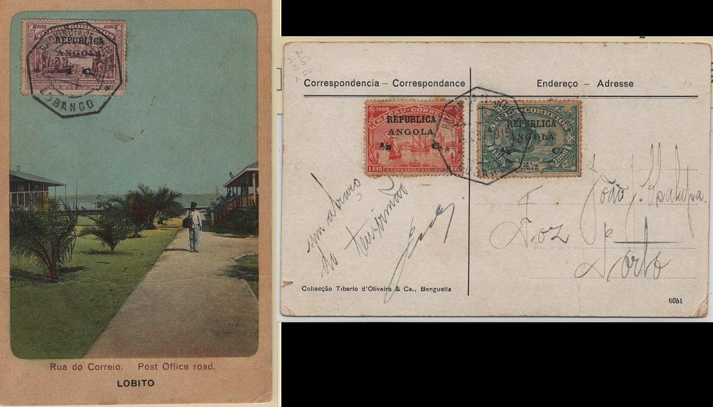 323.jpg -     Lote:    323            Angola       Descrição:         1913 &mdash; 4.º Centenário do Descobrimento do Caminho Marítimo para a Índia, com sobrecarga REPUBLICA e sobretaxa, sobre selos postais de África e Macau. Postal ilustrado circulado do Lubango (18.10.15) para o Porto com selos de &frac14; c s/ 2 &frac12; reis MF118, &frac12; c s/ 1 avo MF127 e 1c s/ 2 avos MF128.         PI       Valor Base:     &euro; 35,00     Valor Venda:     &euro;      