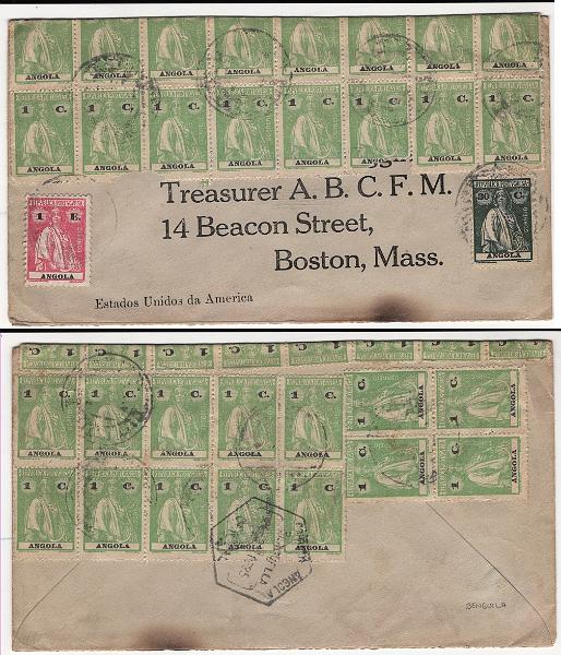324.jpg -     Lote:    324            Angola       Descrição:         1914/22 &mdash; Ceres. Sobrescrito circulado para Boston / EUA com trânsito por Benguela (24.03.25) com 30 selos de 1c verde amarelo, denteado 15x14, papel liso, MF144e + selo de 30c verde oliva escuro, denteado 12x11 &frac12;, papel liso, MF206 + 1E rosa, denteado 12x11 &frac12;, papel lustrado espesso, MF210b. Exemplar bem conservado, sem defeitos nem reparações.         Carta       Valor Base:     &euro; 30,00     Valor Venda:     &euro;      
