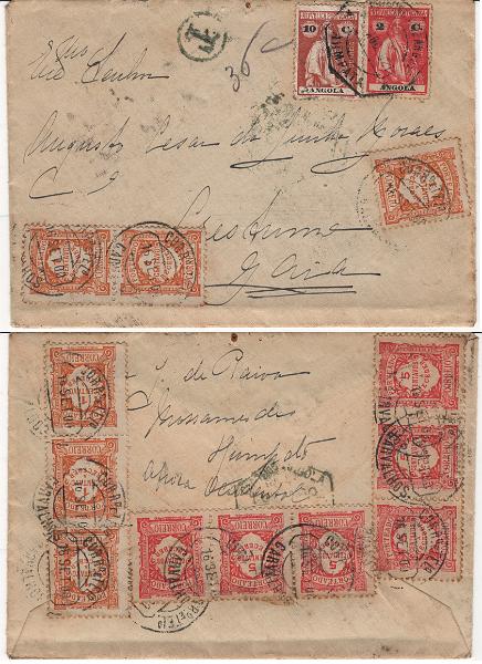 325.jpg -     Lote:    325            Angola       Descrição:         1914 &mdash; Ceres. Sobrescrito circulado da Humpata (??.08.21) para Crestuma / Gaia (16.09.00 &mdash; erro de datador) com selos de 2c papel acetinado, denteado 15x14 e 10c papel porcelana, denteado 15x14, MF146b e 151. Tendo a tabela de portes sido alterada em 21.07.21, passando o porte simples das cartas de Angola para Portugal de 12c para 30c, foi porteado com o dobro do porte em falta (30-12=18x2=36C) com 6 selos de 1c e 6 selos de 5c, MF POR22 e 26. Exemplar raro, sem reparações nem defeitos.         Carta       Valor Base:     &euro; 50,00     Valor Venda:     &euro;      
