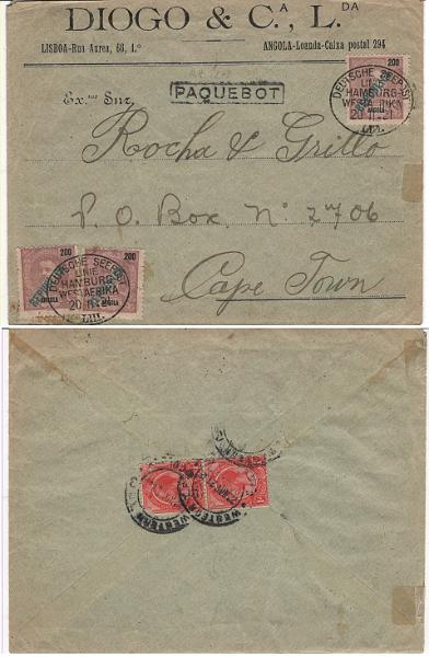 326.jpg -     Lote:    326            Angola       Descrição:         1914 &mdash; D. Carlos I, Mouchon, com sobrecarga REPUBLICA tipografada localmente. MF163, 200 reis, papel liso, denteado 11 Ÿ, usados em 2.º período de circulação (período de inflação em Angola). Sobrescrito entregue a bordo do paquete alemão Usaramo (20.11.1921) da Deutsche Seepost / Linnie Hanburgo-West Afrika com 3 selos, perfazendo o porte de 600 reis, equivalente a 60 ctvs (1.º porte para cartas até um peso de 20 gramas para países estrangeiros). Á chegada foi obliterado com carimbo de denominação de origem "PAQUEBOT" de Port Elizabeth (tipo 1278 Roger Hosking) e novamente franquiado com dois selos de 1d para pagar o porte interno de Port Elizabeth a Cape Town. Exemplar raro, muito bonito, sem defeitos assinaláveis, nem reparações.         Carta       Valor Base:     &euro; 150,00     Valor Venda:     &euro;      