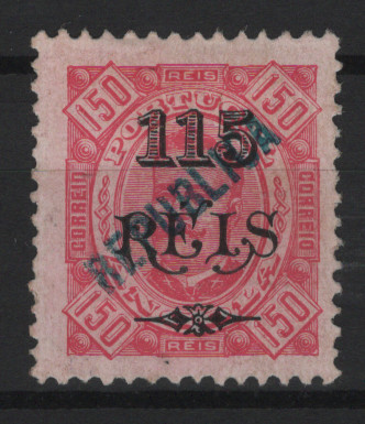 332.jpg -     Lote:    332            Angola       Descrição:         1914 &mdash; D. Carlos I. Selos de 1902 com a sobrecarga REPUBLICA, tipografada localmente. MF172a, 115 s/ 150 reis carmim s/ rosa, papel porcelana, denteado 11 &frac12;. Exemplar com boa cor (atendendo que a sobrecarga já foi tipografada nestes selos com a cor do selo ligeiramente alterada), sem reparações e pequenos defeitos na porcelana e sem goma, habituais nesta emissão. B e MR. Certificado de peritagem do NFACP. Valor de catálogo &euro; 340,00         *       Valor Base:     &euro; 100,00     Valor Venda:     &euro;      