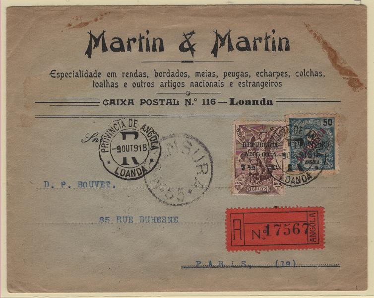 333.jpg -     Lote:    333            Angola       Descrição:         1913/1914 &mdash; 4.º Centenário do Descobrimento do Caminho Marítimo para a Índia, com sobrecarga REPUBLICA e sobretaxa, sobre selos postais de Timor + D. Carlos I, Mouchon (PROVISORIO), com sobrecarga REPUBLICA tipografada localmente. Sobrescrito circulado registado de Luanda (09.10.18) para Paris (22.11.18) com trânsito por Lisboa (16.11.18), com selo de 50 reis MF176 com valor ajustado para 5c e selo de 7 &frac12; c s/ 12 avos MF131. Censurado em Lisboa. Exemplar bem conservado, sem defeitos nem reparações.         Carta       Valor Base:     &euro; 50,00     Valor Venda:     &euro;      