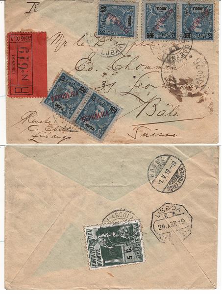 335.jpg -     Lote:    335            Angola       Descrição:         1919 &mdash; D. Carlos I Mouchon, com sobrecarga REPUBLICA e sobretaxa tipografadas localmente. MF193, 2 &frac12; c s/ 100 reis azul s/ azul claro. Dois pares + selo isolado em sobrescrito circulado registado do Lubango (20.03.19) para Bâle / Suíça (01.05.19), com trânsito por Lisboa (24.04.19). Porte de 12 &frac12; c para pagar o porte simples (7 &frac12; c) para carta com destino á Suíça com peso até 15g + 5c pelo prémio de registo. No verso vinheta de 5$00 da JUNTA PATRIÓTICA DO NORTE. Exemplar raro, muito bonito, sem defeitos nem reparações.         Carta       Valor Base:     &euro; 100,00     Valor Venda:     &euro;      