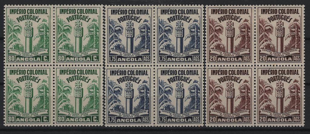 337.jpg -     Lote:    337            Angola       Descrição:         1938 &mdash; Império Colonial Português. MF276/278. Série completa em quadras. Exemplares com boa cor, sem defeitos ou reparações, com goma original, os selos superiores com sinal de charneira e os inferiores sem charneira. B e R. Valor de catálogo &euro; 634,00.         ***/**       Valor Base:     &euro; 140,00     Valor Venda:     &euro;      