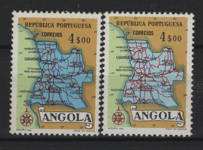 339.jpg -     Lote:    339            Angola       Descrição:         1955 &mdash; Mapa de Angola. MF384a, 4$00 policromo, papel esmalte, denteado 13 &frac12;. Exemplar raro, com goma original sem sinal de charneira, boa cor, com pequena reparação no canto inferior esquerdo, apresentando a variedade "MAPA AZUL ESCURO". Acompanha selo normal para comparação. Certificado de peritagem de J. Miranda da Mota. Valor de catálogo &euro; 300,00.         ***       Valor Base:     &euro; 90,00     Valor Venda:     &euro;      