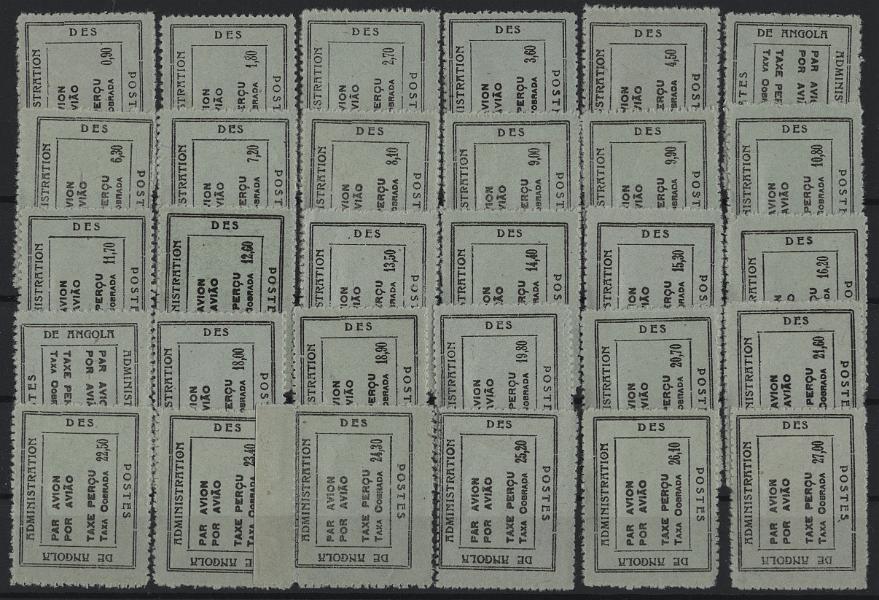 343.jpg -     Lote:    343            Angola       Descrição:         1945 &mdash; Sobretaxa do Correio Aéreo. Legenda "TAXE PERÇUE / TAXA COBRADA". MF SCA2/31. Série completa com boa cor, sem defeitos ou reparações, sem goma como emitidos. MB e MR. Valor de catálogo &euro;3.300,00.         *       Valor Base:     &euro; 1.500,00     Valor Venda:     &euro;      