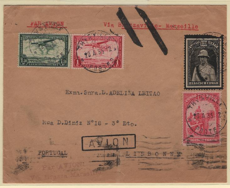344.jpg -     Lote:    344            Angola       Descrição:         1934 (20.04) &mdash; Congo Belga &mdash; Portugal. Voos experimentais da Régie Air Afrique * Marselha / Brazzaville. Sobrescrito circulado por via aérea de Thysville (20.04.35) para Lisboa (30.04.35) via Marselha. Último voo experimental efetuado pela Régie Air Afrique, tendo a linha sido inaugurada em 27.04.35. Oficialmente em Portugal apenas pela Circular n.º 81 de Abril de 1935, os correios anunciaram que a partir de 07.05.35 aceitariam correspondências por esta via aérea. Carimbo batido a violeta "PAR AVION / VIA BRAZZA MARSEEILLE. Barramento a preto indicativo de interrupção do serviço aéreo aplicado em Marselha. MB e MR.         Aéreo       Valor Base:     &euro; 150,00     Valor Venda:     &euro;      