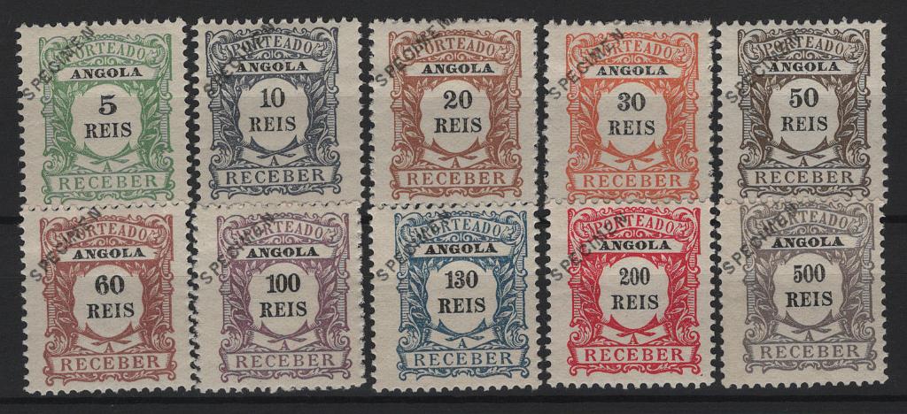 345.jpg -     Lote:    345            Angola       Descrição:         1904 &mdash; Porteado * Emissão regular. MF POR 1/10. Série completa com sobrecarga "SPECIMEN" a preto e oblíqua no canto superior esquerdo, distribuídos com as reimpressões de 1905. Selos com goma original e leve sinal de charneira. MB e R         **       Valor Base:     &euro; 200,00     Valor Venda:     &euro;      