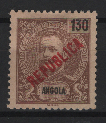 351.jpg -     Lote:    351            Angola       Descrição:         1920/21 &mdash; Não emitidos * D. Carlos I, com sobrecarga REPUBLICA tipografada localmente. MF NE11, 130 reis castanho s/ amarelo, papel liso, denteado 11 Ÿ x 12. Exemplar assinado no verso, sem defeitos nem reparações e com boa cor. Certificado de peritagem de j. Miranda da Mota. Valor de catálogo &euro; 400,00.         *       Valor Base:     &euro; 100,00     Valor Venda:     &euro;      