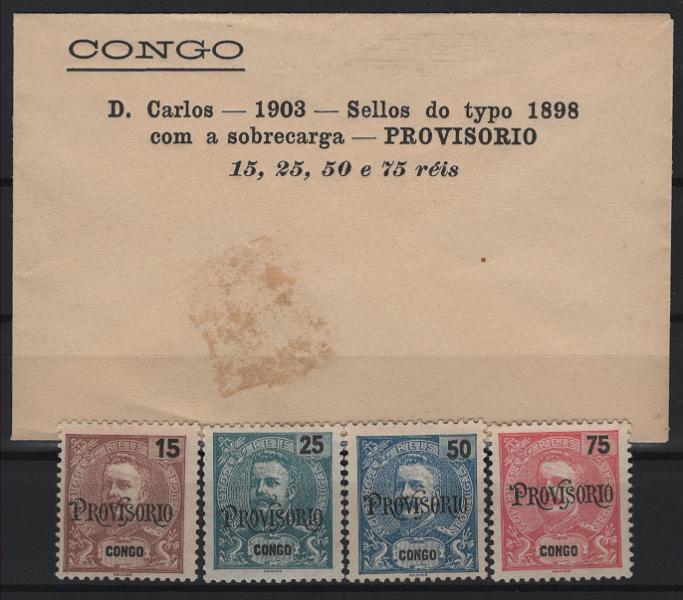 353.jpg -     Lote:    353            Congo       Descrição:         1902 &mdash; D. Carlos I, Mouchon. MF 42/45. Série completa de selos originais distribuídos com as reimpressões de 1905. Selos sem goma. Acompanha sobrescrito que continha a série, com a informação impressa a preto. B e R.         *       Valor Base:     &euro; 40,00     Valor Venda:     &euro;      