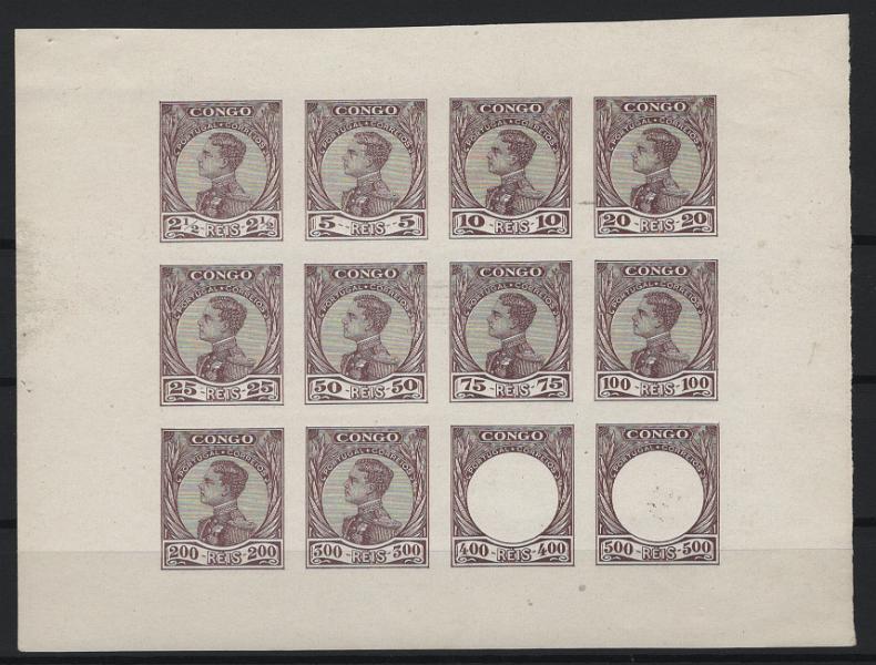 354.jpg -     Lote:    354            Congo       Descrição:         1910/12 &mdash; D. Manuel II. Folha completa com 12 provas não denteadas da emissão projetada para todas as colónias e distritos postais, mas não emitida para o Congo, em castanho escuro sobre papel porcelana, com as taxas de 2 &frac12; até 300 reis, e com as taxas altas de 400 e 500 reis apenas com a moldura sem efígie. Exemplar com boa cor, sem defeitos, nem reparações. MB e MR. Certificado de peritagem de Leilões P. Dias, Lda.         PRV       Valor Base:     &euro; 100,00     Valor Venda:     &euro;      