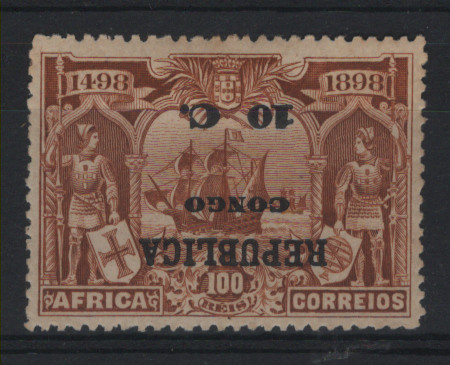 355.jpg -     Lote:    355            Congo       Descrição:         1913 &mdash; 4.º Centenário do Descobrimento do Caminho Marítimo para a Índia, com sobrecarga REPUBLICA e sobretaxa sobre selos de África. MF81a, 10c s/ 100 reis castanho amarelo. Selo com boa cor, sem defeitos ou reparações, goma original com charneira e sobretaxa INVERTIDA. B e R. Valor de catálogo &euro; 70,00+++.         **       Valor Base:     &euro; 25,00     Valor Venda:     &euro;      