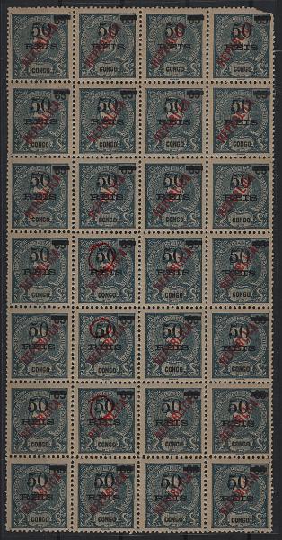 358.jpg -     Lote:    358            Congo       Descrição:         1914 &mdash; D. Carlos I, com sobretaxa e sobrecarga REPUBLICA tipografada localmente. MF123, 50 s/ 65 reis azul. Folha completa com 28 selos. Selos n.º 14, 17 e 21 com fendas tipo I, III e II respetivamente. Selo n.º 2 com fenda não catalogada "5" aberto na curvatura inferior. Selos com boa cor, sem reparações e ligeiros defeitos no denteado de alguns deles, goma original sem charneira irregular. B e R. Valor de catálogo &euro; 350,00.         ***       Valor Base:     &euro; 60,00     Valor Venda:     &euro;      