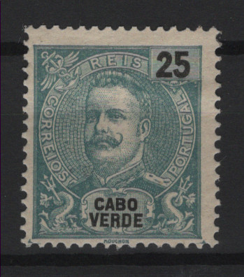365.jpg -     Lote:    365            Cabo Verde       Descrição:         1898/1901 &mdash; D. Carlos I, Mouchon. MF42b, 25 reis verde azul, papel levemente pontinhado, denteado 12 &frac12;. Selo com boa cor, sem defeitos nem reparação. B e MR. Valor de catálogo &euro; 440,00.         **       Valor Base:     &euro; 125,00     Valor Venda:     &euro;      