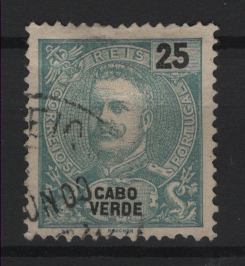 366.jpg -     Lote:    366            Cabo Verde       Descrição:         1898/1901 &mdash; D. Carlos I, Mouchon. MF42b, 25 reis verde azul, papel levemente pontinhado, denteado 12 &frac12;. Selo com boa cor, sem reparações com leve transparência no verso. Valor de catálogo &euro; 260,00.         O       Valor Base:     &euro; 40,00     Valor Venda:     &euro;      