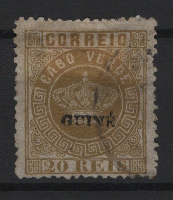373.jpg -     Lote:    373            Guiné       Descrição:         1879/82 &mdash; Coroa. Selos de Cabo Verde, com sobrecarga "GUINÉ" pequena, aposta manualmente a preto, na imprensa do governo local * NÃO EMITIDOS. MF3, 20 reis bistre, denteado 12 Ÿ, papel liso fino. Exemplar usado, sem reparações, com denteado irregular, normal nestes selos. MR. Certificado de peritagem de Enzo Diena. Valor de catálogo &euro; 600,00. .        O       Valor Base:     &euro; 120,00     Valor Venda:     &euro;      