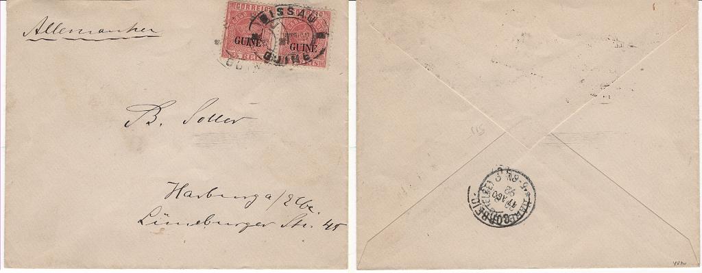 385.jpg -     Lote:    385            Guiné       Descrição:         1885 &mdash; Coroa. Selos de Cabo Verde com sobrecarga "GUINÉ" grande. Novas cores. MF13, 25 reis vermelho, papel liso, denteado 12 &frac12;. Par horizontal em sobrescrito circulado de Bissau (para a Alemanha (20.08.92) com trânsito por Lisboa (17.08.92), transportado no trajeto para Lisboa pelo vapor Angola que saiu de Luanda a 21.07.92 e chegou a Lisboa a 17.08.92". Exemplar muito raro, muito bem conservado, sem reparações nem defeitos. MB.         Carta       Valor Base:     &euro; 5.000,00     Valor Venda:     &euro;      