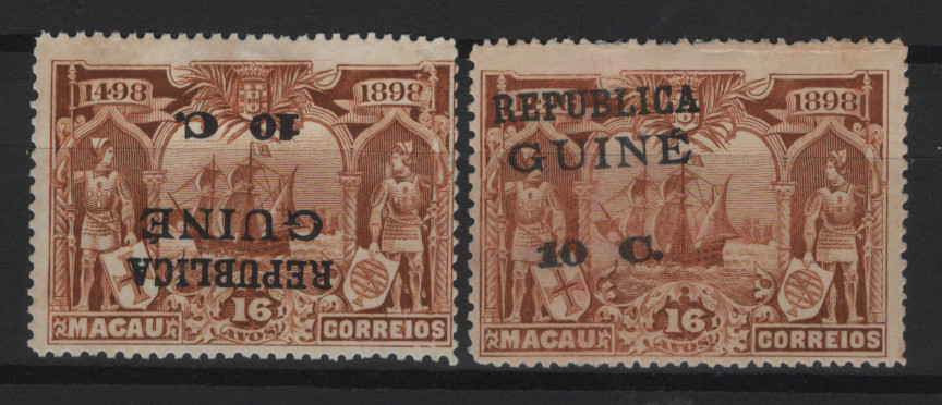 406.jpg -     Lote:    406            Guiné       Descrição:         1913 &mdash; 4.º Centenário do Descobrimento do Caminho Marítimo para a Índia, com sobrecarga REPUBLICA e sobretaxa sobre selos de Macau. MF127a, 10c s/ 16 avos castanho amarelo. Lote com dois selos com boa cor, sem defeitos ou reparações: um sem goma com a sobretaxa INVERTIDA e outro com goma e charneira com a sobretaxa DESLOCADA. B e R. Valor de catálogo &euro; 140,00+++.         **/*       Valor Base:     &euro; 45,00     Valor Venda:     &euro;      