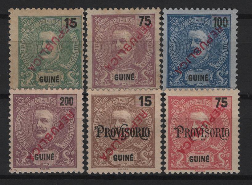 408.jpg -     Lote:    408            Guiné       Descrição:         1913 &mdash; D. Carlos I, com sobrecarga REPUBLICA tipografada localmente. MF137/142. Série completa com a sobrecarga INVERTIDA. Selos sem goma como emitidos, com boa cor, sem defeitos ou reparações. Quatro das sobrecargas invertidas não catalogadas. B e MR. Certificado de peritagem de J. Miranda da Mota. Valor de catálogo &euro; 720,00.         *       Valor Base:     &euro; 150,00     Valor Venda:     &euro;      