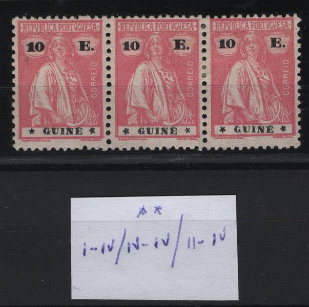 410.jpg -     Lote:    410            Guiné       Descrição:         1925 &mdash; Ceres. Novas cores e valores. MF199, 10E rosa, papel porcelana, denteado 12x11 &frac12;. Tira horizontal com três selos, com boa cor, goma original, sem defeitos nem reparações, primeiro selo com estrelas I/IV, segundo com estrelas IV/IV e terceiro selo com estrelas II/IV. MB e MR. Valor de catálogo &euro; 390.00.         **       Valor Base:     &euro; 120,00     Valor Venda:     &euro;      