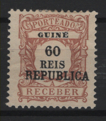 414.jpg -     Lote:    414            Guiné       Descrição:         1919 &mdash; Porteado * Emissão regular de 1904, com sobrecarga REPUBLICA tipografada localmente. MF NE1, 60c castanho lilás. Exemplar com boa cor, sem reparações nem defeitos. Certificado de peritagem de Leilões P. Dias, Lda. Valor de catálogo &euro; 460,00.         *       Valor Base:     &euro; 75,00     Valor Venda:     &euro;      