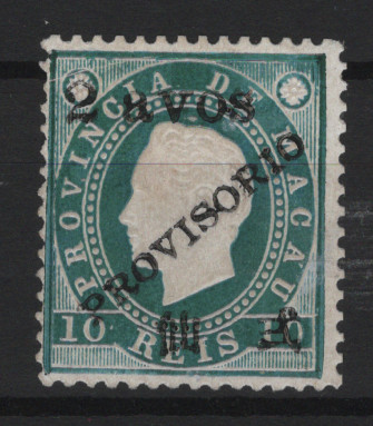 454.jpg -     Lote:    454            Macau       Descrição:         1894 &mdash; D. Luís I e D. Carlos I, com sobrecarga "PROVISORIO" e sobretaxa, tipografadas localmente. Valores em moeda local. Selo autêntico de Macau de 2 avos s/ 10 reis verde, denteado 12 &frac12;, papel porcelana, em taxa NÃO EMITIDA para Macau. Esta taxa foi aprovada para a emissão de Timor, podendo ter ocorrido o facto de terem sido impressas por erro alguma folha de Macau. Selo sem defeitos nem reparações com boa cor e sem goma conforme emitidos nesta série. MB e MR. Certificado de peritagem de Leilões P. Dias, Lda.         *       Valor Base:     &euro; 400,00     Valor Venda:     &euro;      