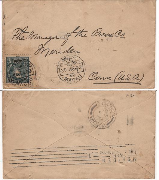 458.jpg -     Lote:    458            Macau       Descrição:         1900 &mdash; D. Carlos I, Mouchon. MF96, 10 avos azul esverdeado, denteado 11 Ÿ, papel liso em sobrescrito circulado de Macau (30.06.02) para os EUA (04.08.02) com trânsito por Hong Kong (01.07.02). Exemplar bem conservado, sem defeitos ou reparações.          Carta       Valor Base:     &euro; 100,00     Valor Venda:     &euro;      