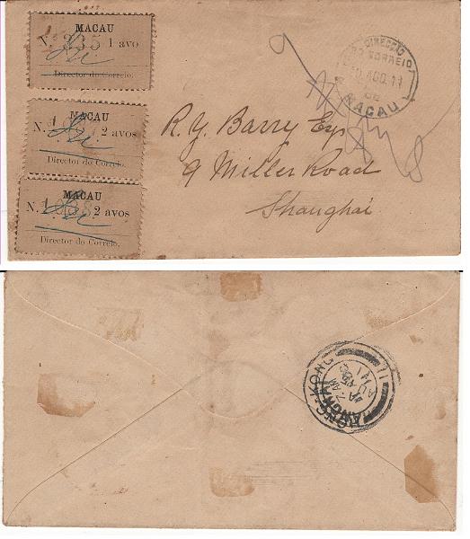 469.jpg -     Lote:    469            Macau       Descrição:         1910 &mdash; Etiqueta. Sobrescrito circulado de Macau (10.08.11) para Shangai (15.08), com trânsito por Hong Kong (11.08) com uma etiqueta de 1 avo e duas etiquetas de 2 avos, ambas em papel avergoado, MF 147/148.         Carta       Valor Base:     &euro; 500,00     Valor Venda:     &euro;      
