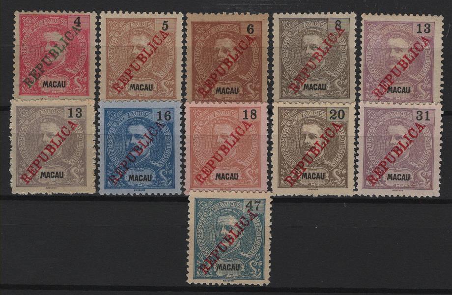 475.jpg -     Lote:    475            Macau       Descrição:         1913 &mdash; D. Carlos I, Mouchon, com sobrecarga REPUBLICA, tipografada localmente. MF186/197. Série completa (com exceção selo 189A) com boa cor, sem reparações sem defeitos assinaláveis com exceção do denteado farpeado do selo de 13 avos violeta cinzento. MB e MR. Valor de catálogo &euro; 2.590,00.         *       Valor Base:     &euro; 750,00     Valor Venda:     &euro;      