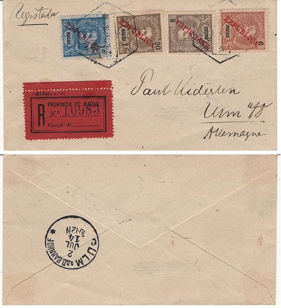 479.jpg -     Lote:    479            Macau       Descrição:         1913 &mdash; D. Carlos I, Mouchon, com sobrecarga REPUBLICA da Casa da Moeda e sobretaxa local. Sobrescrito circulado registado de Macau (12.06.1914) para Ulm / Alemanha (02.07.1914) com selos de 6 avos, 8 avos, 16 avos e 20 avos (MF188, 189, 192 e 194), todos com sobrecarga REPUBLICA local, denteado 11 Ÿ e papel pontinhado leve. Exemplar sem reparações e pequeno defeito no selo de 16 avos, porém de GRANDE RARIDADE atendendo ao selo de 8 avos circulado sobre carta. Certificado de peritagem de Leilões P. Dias, Lda.         Carta       Valor Base:     &euro; 2.000,00     Valor Venda:     &euro;      