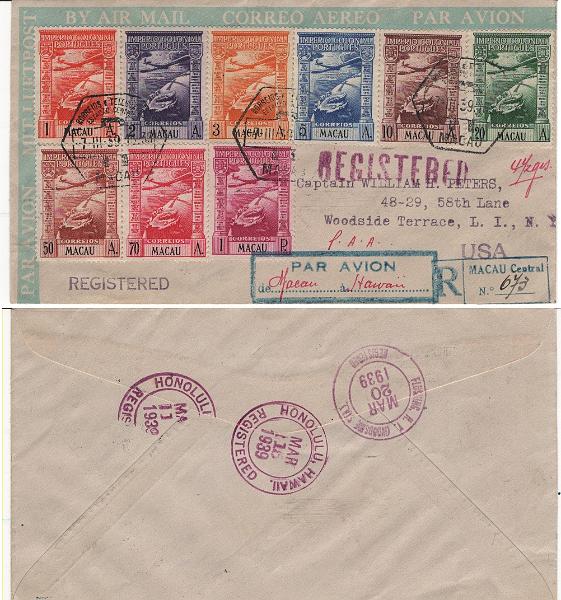 497.jpg -     Lote:    497            Macau       Descrição:         1938 &mdash; Correio Aéreo. Império Colonial Português. MF CA 7/15. Série completa em sobrescrito circulado registado, por via aérea, de Macau (07.03.39) para New York / EUA (20.03.39), com trânsito por Honolulu (15.03.39), pela P.A.A. Exemplar muito bonito, bem conservado, sem defeitos ou reparações.         Carta       Valor Base:     &euro; 100,00     Valor Venda:     &euro;      