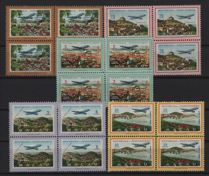 499.jpg -     Lote:    499            Macau       Descrição:         1960 &mdash; Correio aéreo. Vistas de Macau. MF CA16/20. Série completa em quadras, com boa cor, sem defeitos nem reparações. Valor de catálogo &euro; 272,00.         ***       Valor Base:     &euro; 50,00     Valor Venda:     &euro;      
