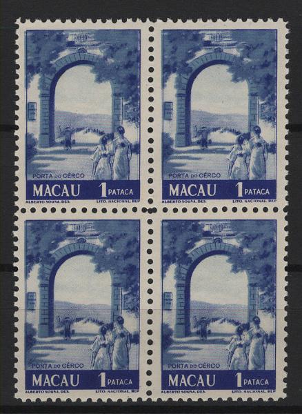 504.jpg -     Lote:    504            Macau       Descrição:         1950 &mdash; NÃO EMITIDOS * Motivos locais. MF NE1, 1P azul, denteado 11, papel esmalte. Quadra com boa cor, goma original sem sinal de charneira, sem defeitos ou reparações. Valor de catálogo &euro; 480,00.         ***       Valor Base:     &euro; 150,00     Valor Venda:     &euro;      