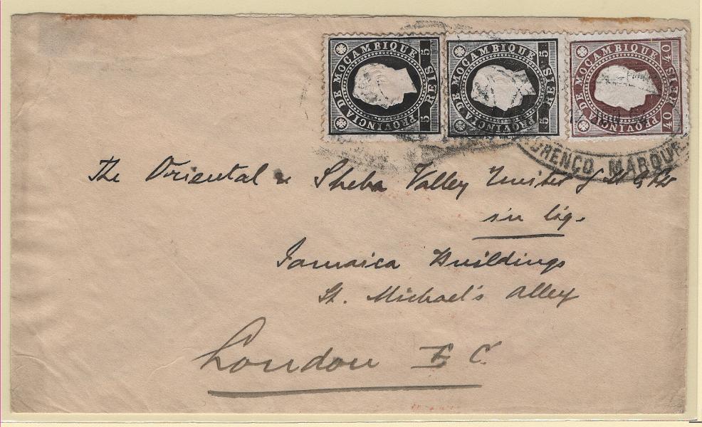 512.jpg -     Lote:    512            Moçambique       Descrição:         1886 &mdash; D. Luís I. Fita direita. Sobrescrito circulado de Lourenço Marques (12.06.94) para Londres (09.07.94) com dois selos de 5 reis, preto, MF15 + selo de 40 reis castanho, MF19, todos em papel porcelana e denteado 12 &frac12;. Exemplar bem conservado, sem defeitos ou reparações. MB e MR.         Carta       Valor Base:     &euro; 500,00     Valor Venda:     &euro;      