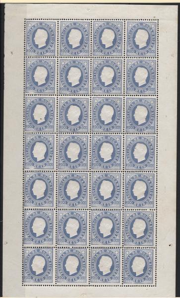513.jpg -     Lote:    513            Moçambique       Descrição:         1886 &mdash; D. Luís I. Fita direita. MF22, 200 reis azul violeta, papel porcelana, denteado 13 &frac12;. Folha completa com 28 selos, sem goma, com boa cor, sem defeitos nem reparações. Valor de catálogo &euro; 2.520,00.         *       Valor Base:     &euro; 250,00     Valor Venda:     &euro;      