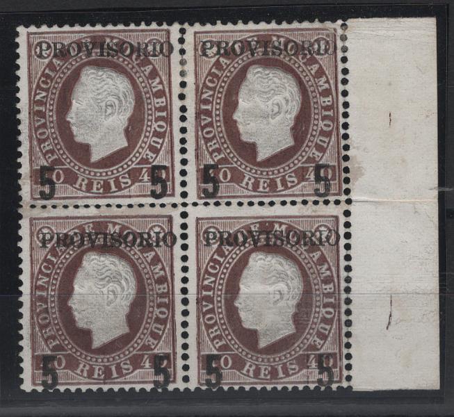 516.jpg -     Lote:    516            Moçambique       Descrição:         1893 &mdash; D. Luís I, fita direita, com sobretaxa. MF27, 5 reis s/ 40 reis castanho vermelho, denteado 12 Ÿ, papel porcelana, com sobrecarga tipo 4 com algarismos "5" com 5mm de altura. Quadra, bordo de folha, com vinco no denteado, horizontal central, com boa cor. Certificado de peritagem de Leilões P. Dias, Lda. Valor de catálogo &euro; 1.520,00.         *       Valor Base:     &euro; 400,00     Valor Venda:     &euro;      