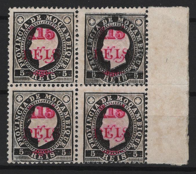 520.jpg -     Lote:    520            Moçambique       Descrição:         1902 &mdash; D. Luís I. Fita direita, com sobretaxa. MF71, 115 s/ 5 reis preto papel porcelana, denteado 12 Ÿ. Quadra sem goma, sem defeitos ou reparações, com boa cor e relevo, com DUPLA IMPRESSÃO DE COR no 2.º exemplar. Não catalogada. B e MR. Certificado de peritagem de J. Miranda da Mota.         *       Valor Base:     &euro; 75,00     Valor Venda:     &euro;      