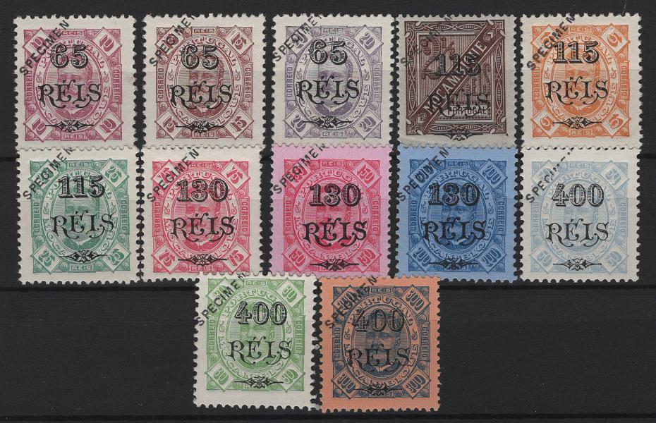 522.jpg -     Lote:    522            Moçambique       Descrição:         1902 &mdash; D. Carlos I, tipo Diogo Neto, com sobretaxa. MF77/89. Série completa com sobrecarga "SPECIMEN" a preto e oblíqua no canto superior esquerdo, distribuídos com as reimpressões de 1905.Selos com goma original e leve sinal de charneira. MB e R.         **       Valor Base:     &euro; 250,00     Valor Venda:     &euro;      