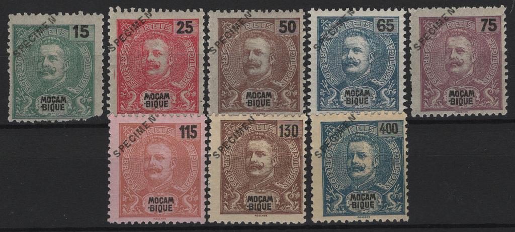 523.jpg -     Lote:    523            Moçambique       Descrição:         1903 &mdash; D. Carlos I Mouchon. Novas cores e valores. MF94/101. Série completa com a sobrecarga "SPECIMEN a preto e oblíqua no canto superior esquerdo. Selos originais distribuídos com as reimpressões de 1905, com goma original e leve charneira na generalidade. Selo de 15 reis com defeito no canto inferior direito. MB e MR.         **       Valor Base:     &euro; 150,00     Valor Venda:     &euro;      