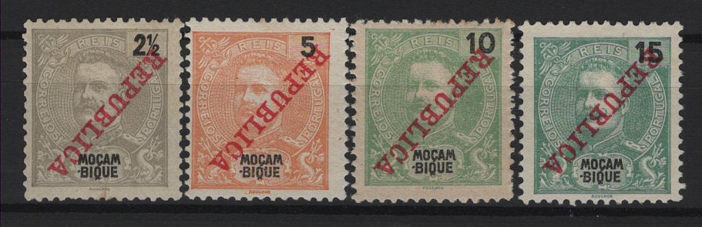 525.jpg -     Lote:    525            Moçambique       Descrição:         1911 &mdash; D. Carlos I Mouchon, com sobrecarga REPUBLICA da Casa da Moeda. Lote de 4 selos, das taxas de 2 &frac12;, 5, 10 e 15 reis, MF103/106 com a sobrecarga INVERTIDA. Selos de 2 &frac12;, 5 e 15 sem goma e restante com goma e charneira. R.         **/*       Valor Base:     &euro; 25,00     Valor Venda:     &euro;      
