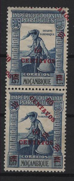 536.jpg -     Lote:    536            Moçambique       Descrição:         1946 &mdash; Império Colonial Português, com sobretaxa. MF317, 50c s/ 1$75 azul. Par vertical com DUPLA SOBRETAXA, uma delas oblíqua. Não catalogada.         *       Valor Base:     &euro; 25,00     Valor Venda:     &euro;      
