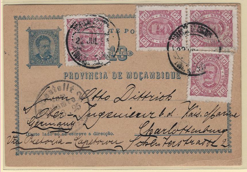 547.jpg -     Lote:    547            Lourenço Marques       Descrição:         1885 &mdash; D. Luís I. OM1, 10 reis azul sobre cartolina camurça, circulado de Lourenço Marques (22.07.95) para Charlottenburg (19.08.95) via Pretória &mdash; Cape Town com 4 selos adicionais de 10 reis MF3 (Lourenço Marques). Porte total de 50 reis correspondente ao 1.º porte para cartas. MB e MR.          IC       Valor Base:     &euro; 75,00     Valor Venda:     &euro;      