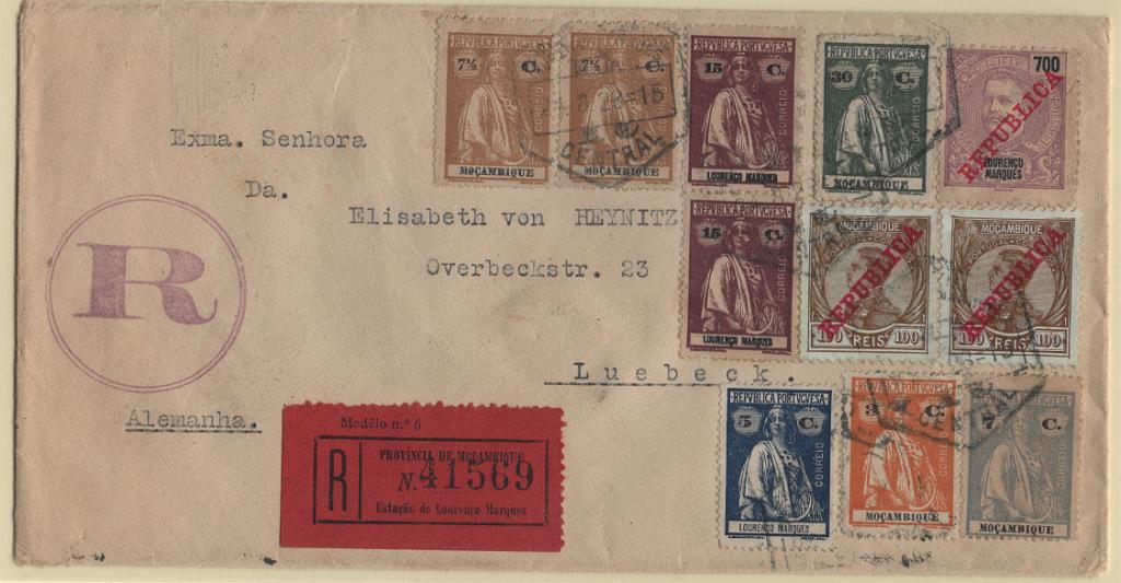 551.jpg -     Lote:    551            Lourenço Marques       Descrição:         1911/1914 &mdash; D. Carlos I Mouchon, com sobrecarga REPUBLICA da Casa da Moeda + D. Manuel II, com sobrecarga REPUBLICA da Casa da Moeda + Ceres. Sobrescrito circulado registado de Lourenço Marques (28.08.28) para a Alemanha (18.09.23) com selos de: 700 reis MF117, par de 100 reis MF125, 3c laranja MF224, 5c azul MF159, 7c ultramar MF228, 2x7 &frac12; c bistre MF160, 2x15c lilás vermelho MF163 e 30c verde-oliva MF241.B e R.         Carta       Valor Base:     &euro; 50,00     Valor Venda:     &euro;      