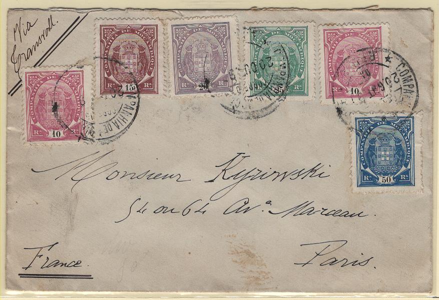 555.jpg -     Lote:    555            Companhia de Moçambique       Descrição:         1895/1902 &mdash; Elefantes. Sobrescrito circulado da Beira (20.10.97) para Paris (28.11.97) com trânsito por Lisboa (25.11.97) com selos de 2x10 reis, 15 reis, 20 reis, 25 reis e 50 reis, todos em papel porcelana, denteado 12 &frac12;, MF13/17, perfazendo o porte de 130 reis. B e R.         Carta       Valor Base:     &euro; 75,00     Valor Venda:     &euro;      
